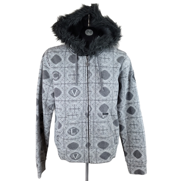 VOLCOM Hoodie Grey Zip Up Faux Fur Size Large - Picture 1 of 10